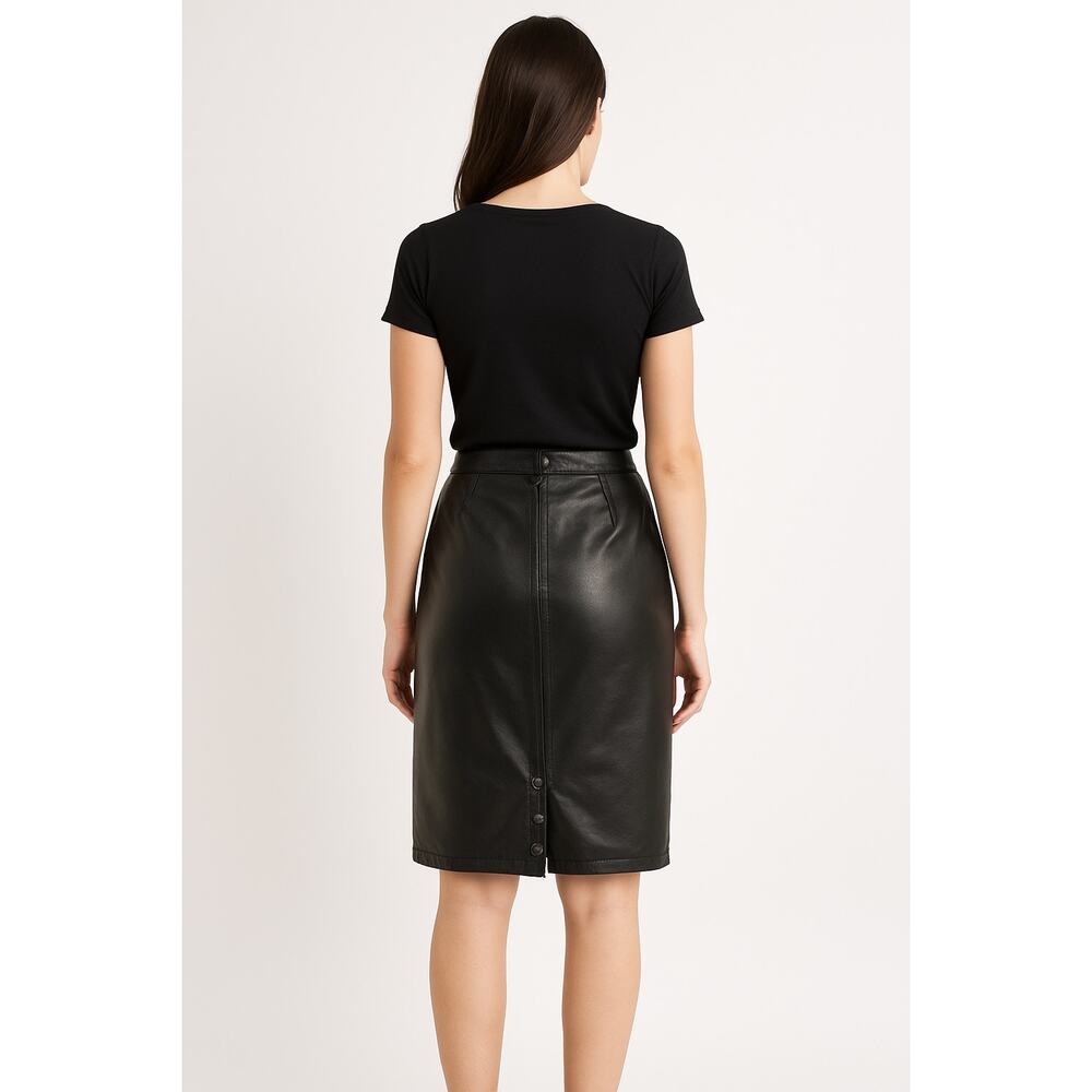 80’s GIII Black Leather Pencil Skirt w/ Snap Slit Closing Back medium